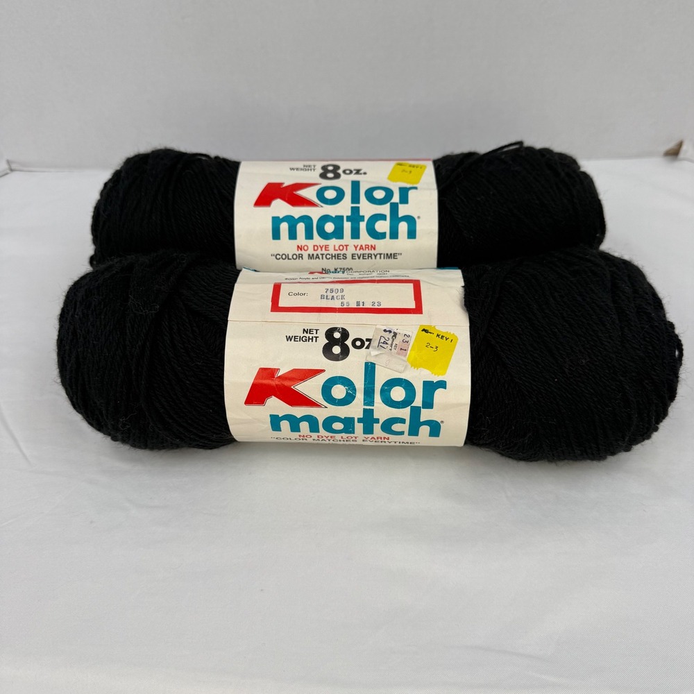 Vintage Kmart Kolor Match Yarn 2 Skeins Black 7509 4-Ply Worsted 8oz K7500 Orlon